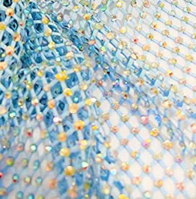Iridescent Rhinestones Fabric On Baby Blue 4way Stretch Net Fabric,Fish Net with Crystal 